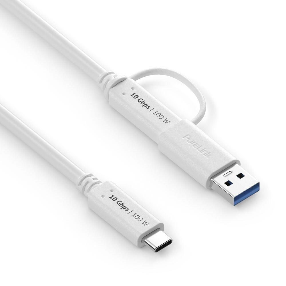 PureLink USB-C auf USB-C Kabel mit USB-A Aufsatz - 3.2 Gen 2x1, 5A, 10G, DP Alt Mode - iSerie - weiß - 1,00m