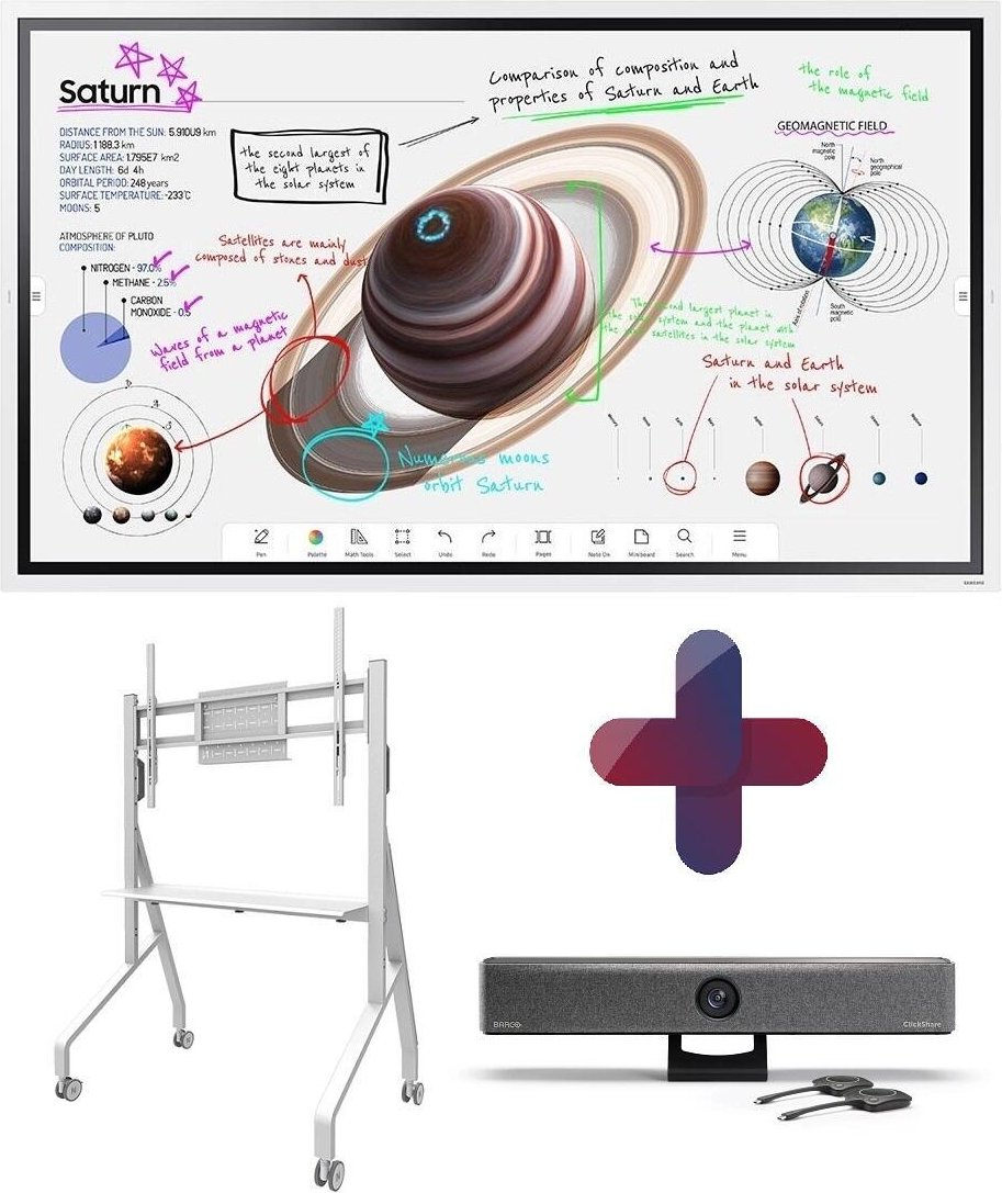 All-in-One Videokonferenzlösung Samsung Flip Pro WM55B, Neomounts FL50-525WH1, Barco Clickshare Bar Pro & Halterung