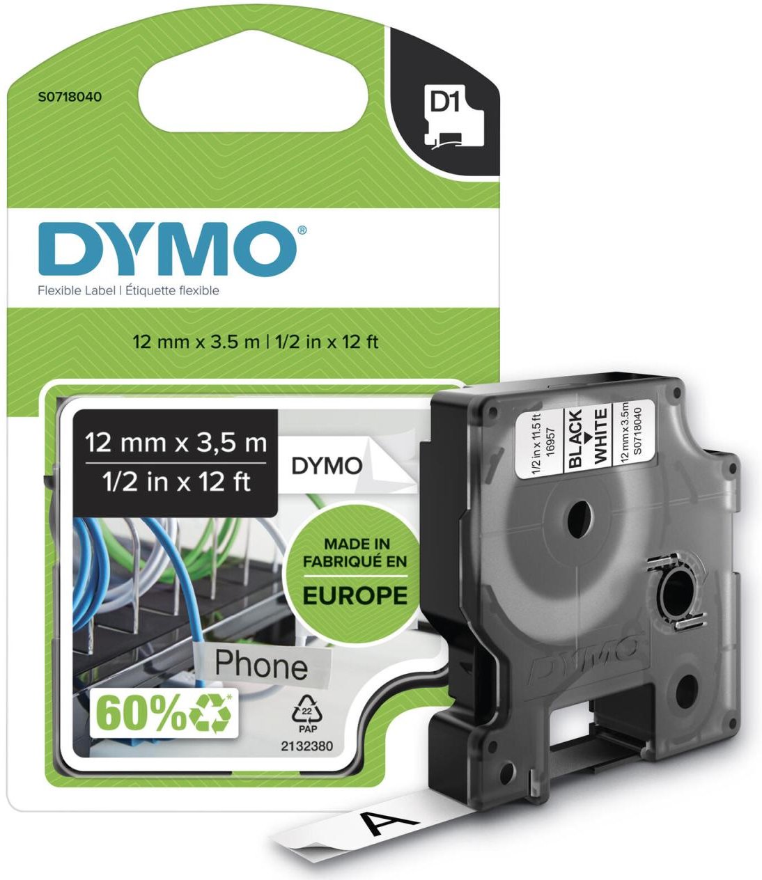 DYMO® Original D1-Schriftband "Hochleistung" für LabelManager™ 12mm x 3,5m - flexibles & reissfestes Nylon, permanent ha