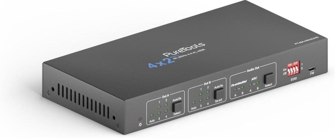 PureTools - 4x2 HDMI Matrix, 4K, HDR Digital und Analog Audio, ARC und RS232