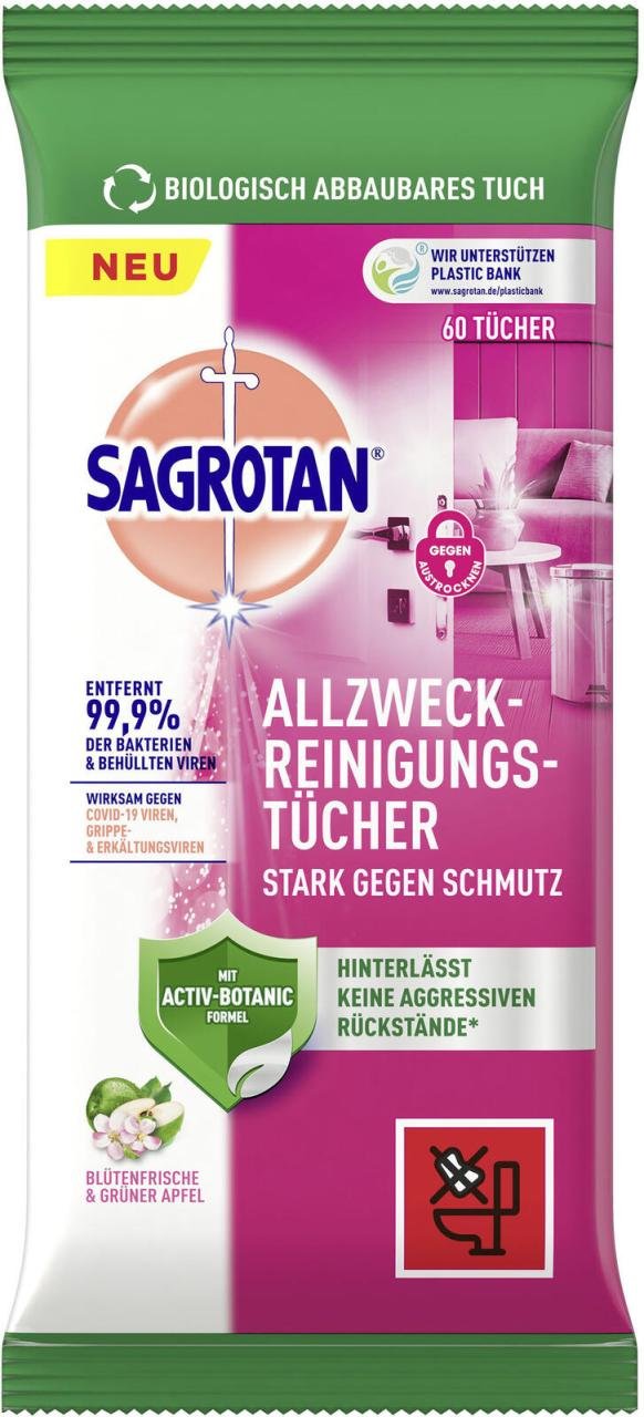 SAGROTAN® feuchte Allzwecktücher BLÜTENFRISCHE & GRÜNER APFEL 60 Tücher
