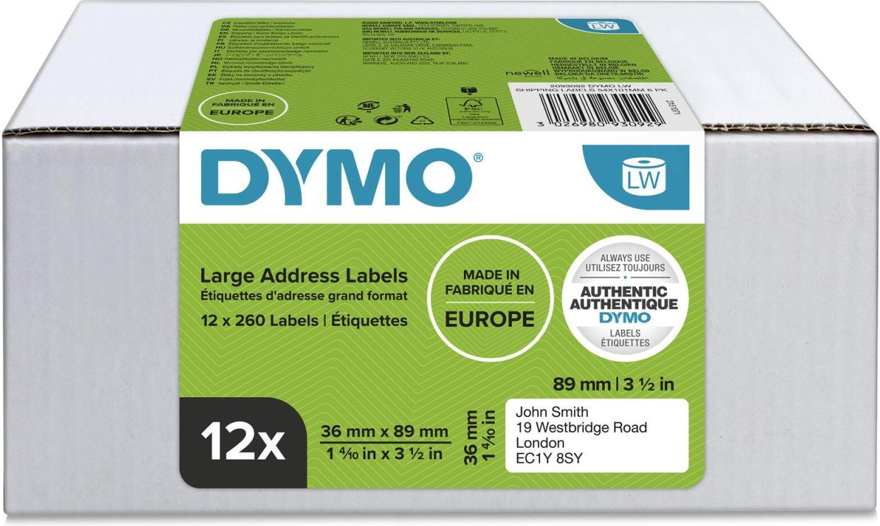 DYMO® Original Etikett für LabelWriter™, Vorteilspack, Adressen - weiss - permanent haftend, 12 x 260 Etiketten