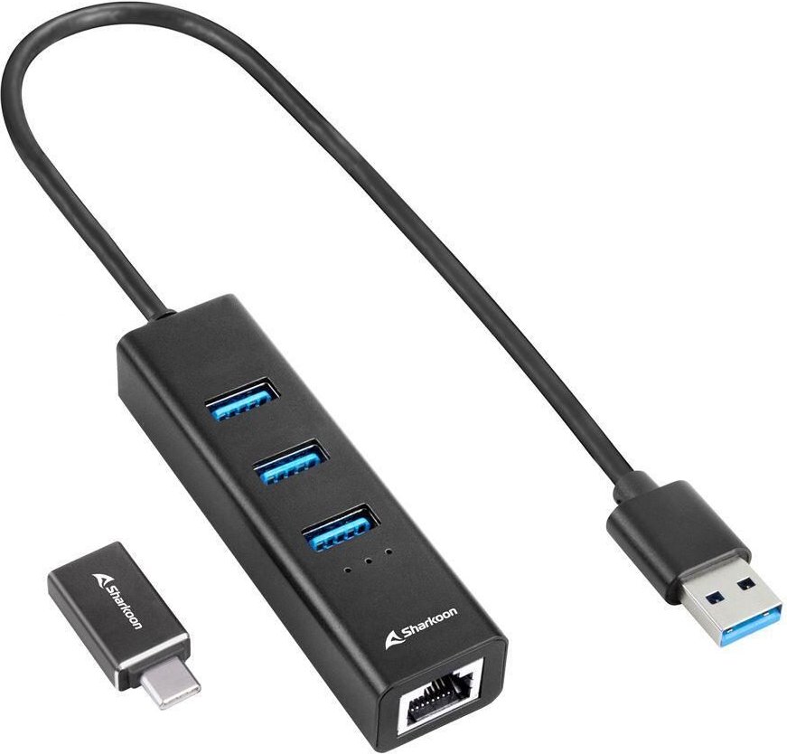 Sharkoon 3-Port USB Hub + RJ45 Ethernet Adapter