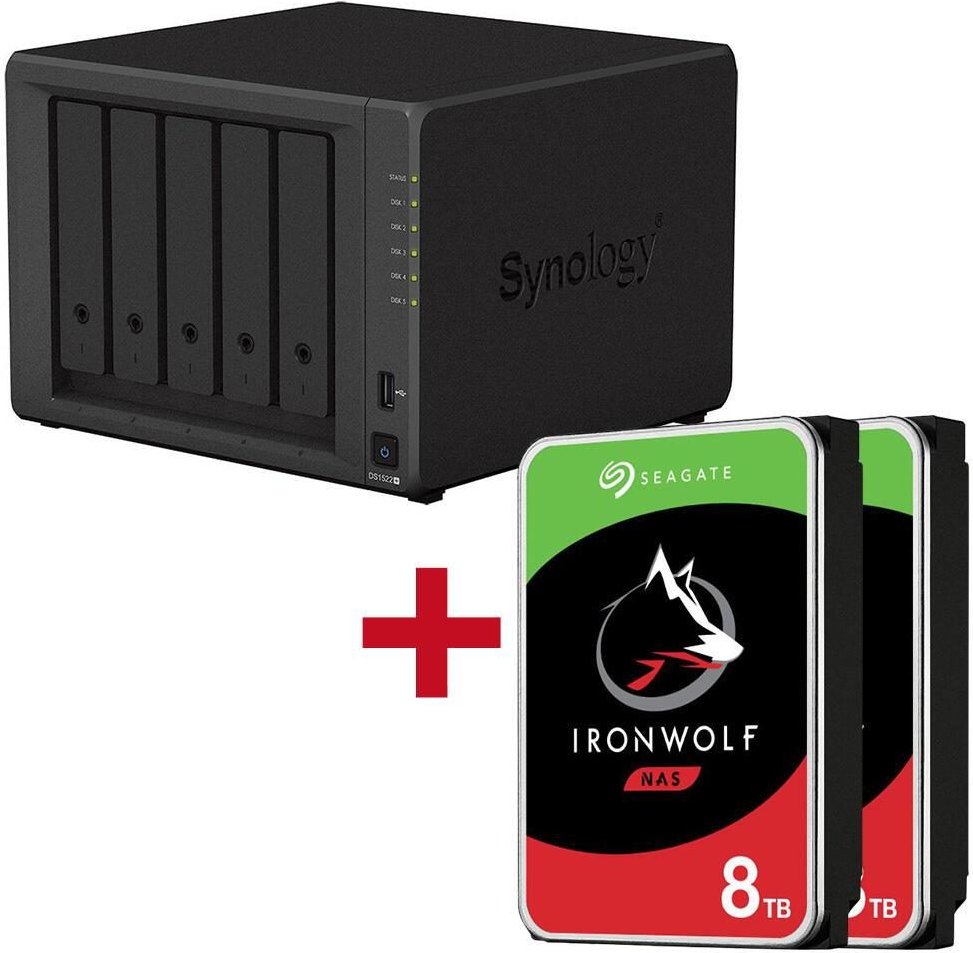 Synology DiskStation DS1522+ 5 Einschübe NAS-Server Leergehäuse + 2x Seagate Ironwolf SATA 3.5" HDD 8TB Festplatte