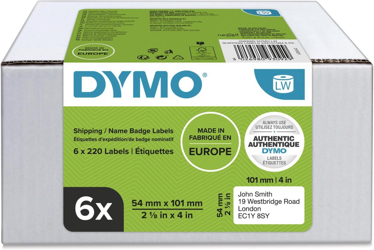 DYMO® Original Etikett für LabelWriter™, Vorteilspack, Versand - weiss - permanent haftend, 6 x 220 Etiketten