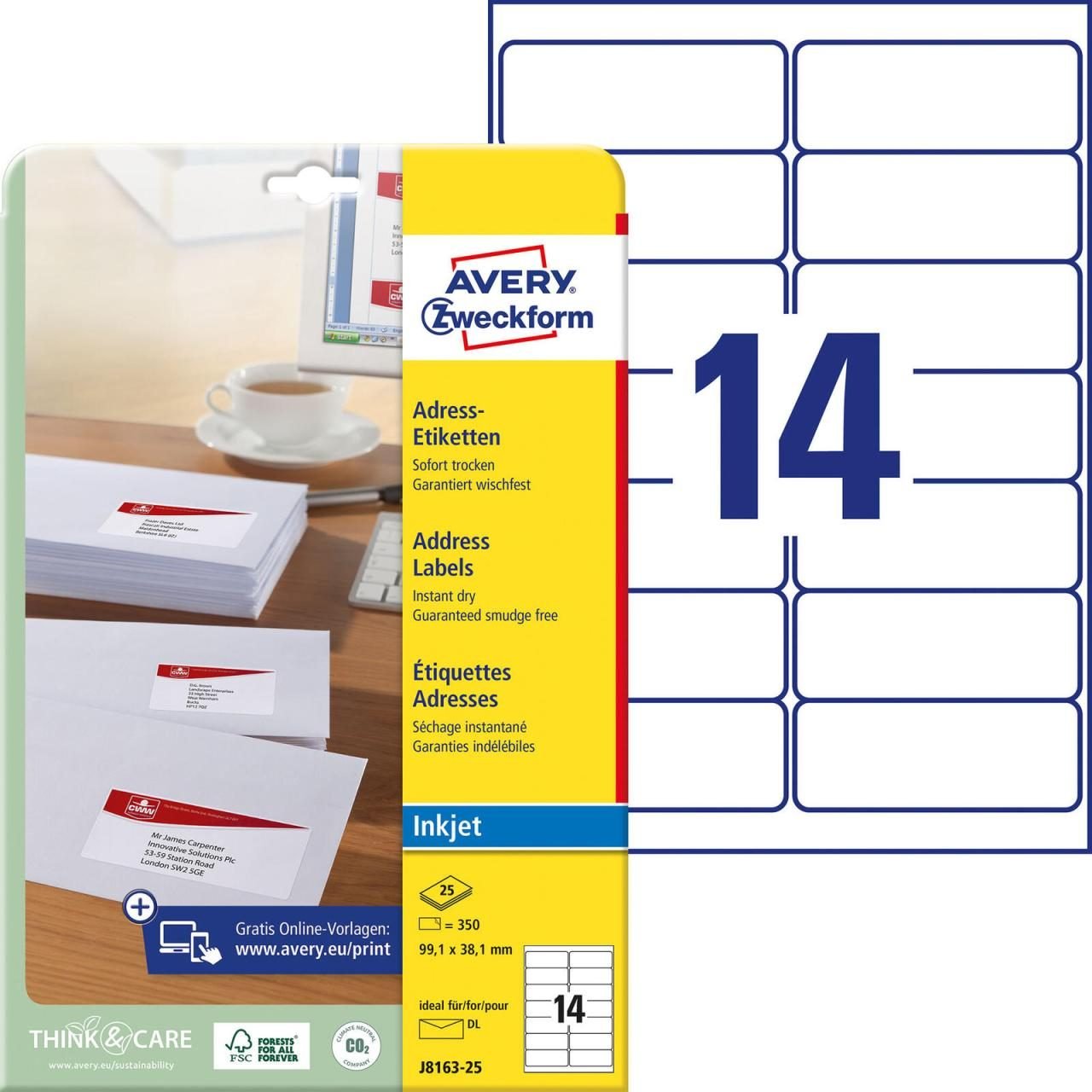 Thumbnail - AVERY Zweckform Adressetiketten J8163-25 weiß 99,1 x 38,1 mm