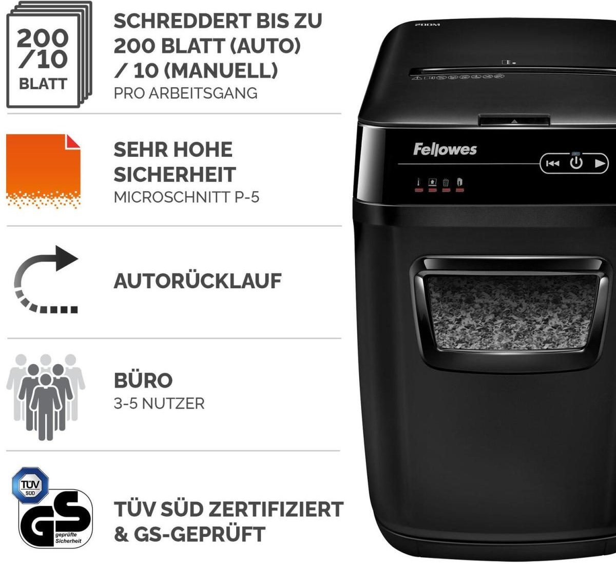 Fellowes AutoMax 200M Aktenvernichter mit Partikelschnitt bis 180 Blatt schwarz