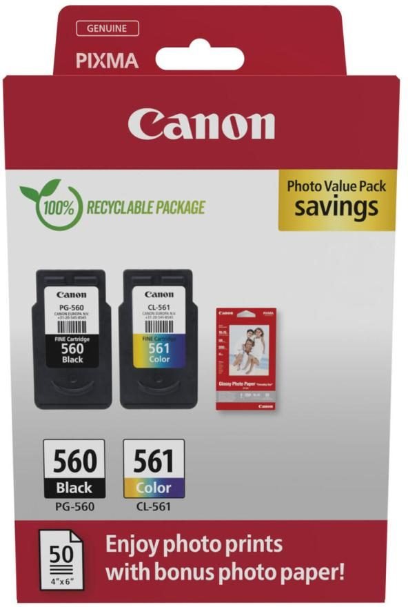 Canon Original PG-560 + CL-561 Druckerpatronen Valuepack - 1 x schwarz / 1 x farbig + 50 Blatt Fotopapier (3713C008)
