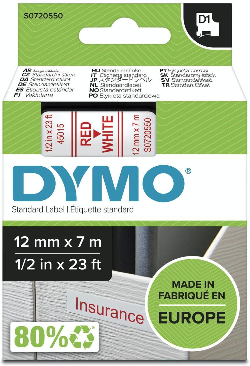 DYMO® Original D1-Schriftband für LabelManager™ 12mm x 7m - Polyester, wieder ablösbar - rot auf weiss
