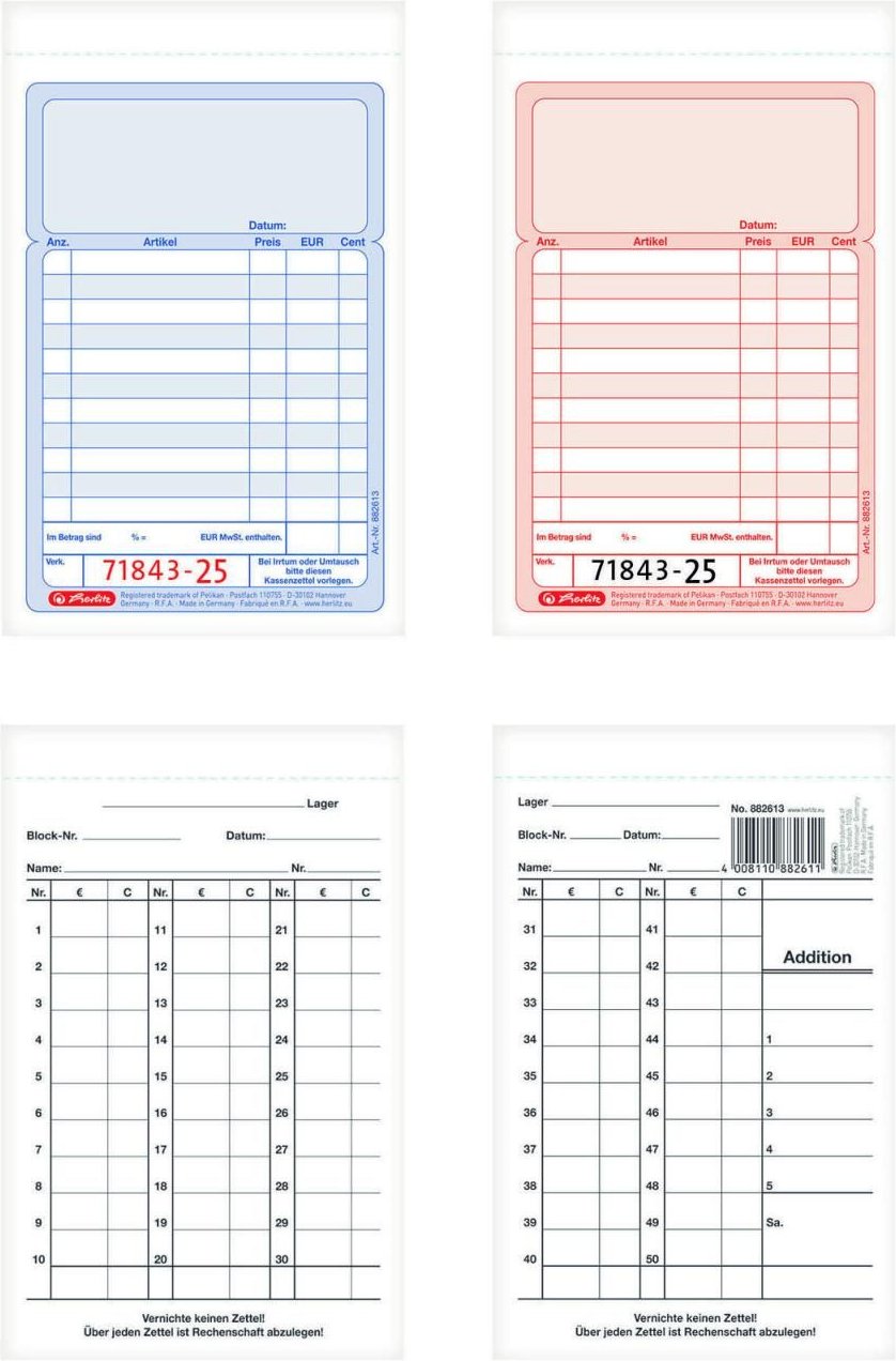 herlitz Formularbuch Kassenblock mit Additionsblatt, mit fortlaufenden Nummern DIN A6 2x 50 Seiten