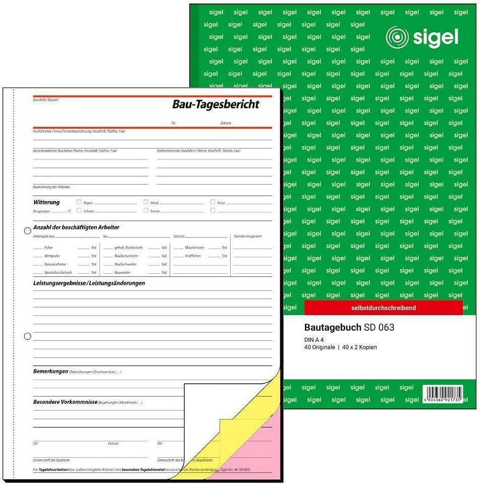 Thumbnail - SIGEL Bautagebuch Formularbuch DIN A4 SD063 - 3 x 40 Blatt