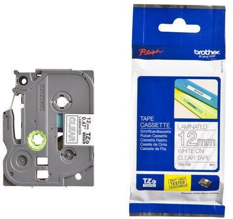 Brother TZe 135 - Laminiertes Klebeband - weiß auf durchsichtig - Rolle (1,2 cm x 8 m) - 1 Rolle(n) - für P-Touch GL-H10