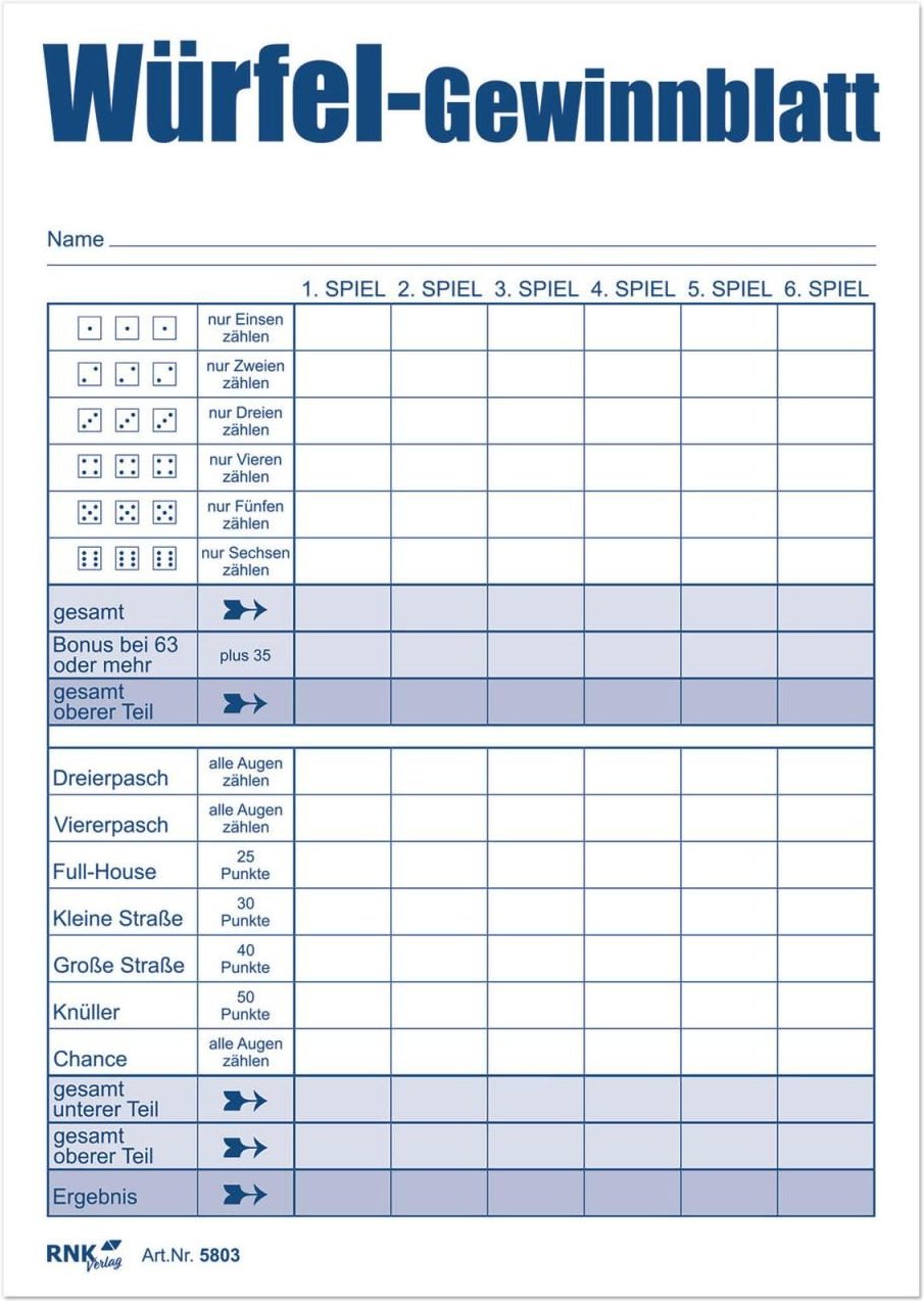 Thumbnail - RNK-Verlag Ersatzblock DIN A6 Würfelspiel