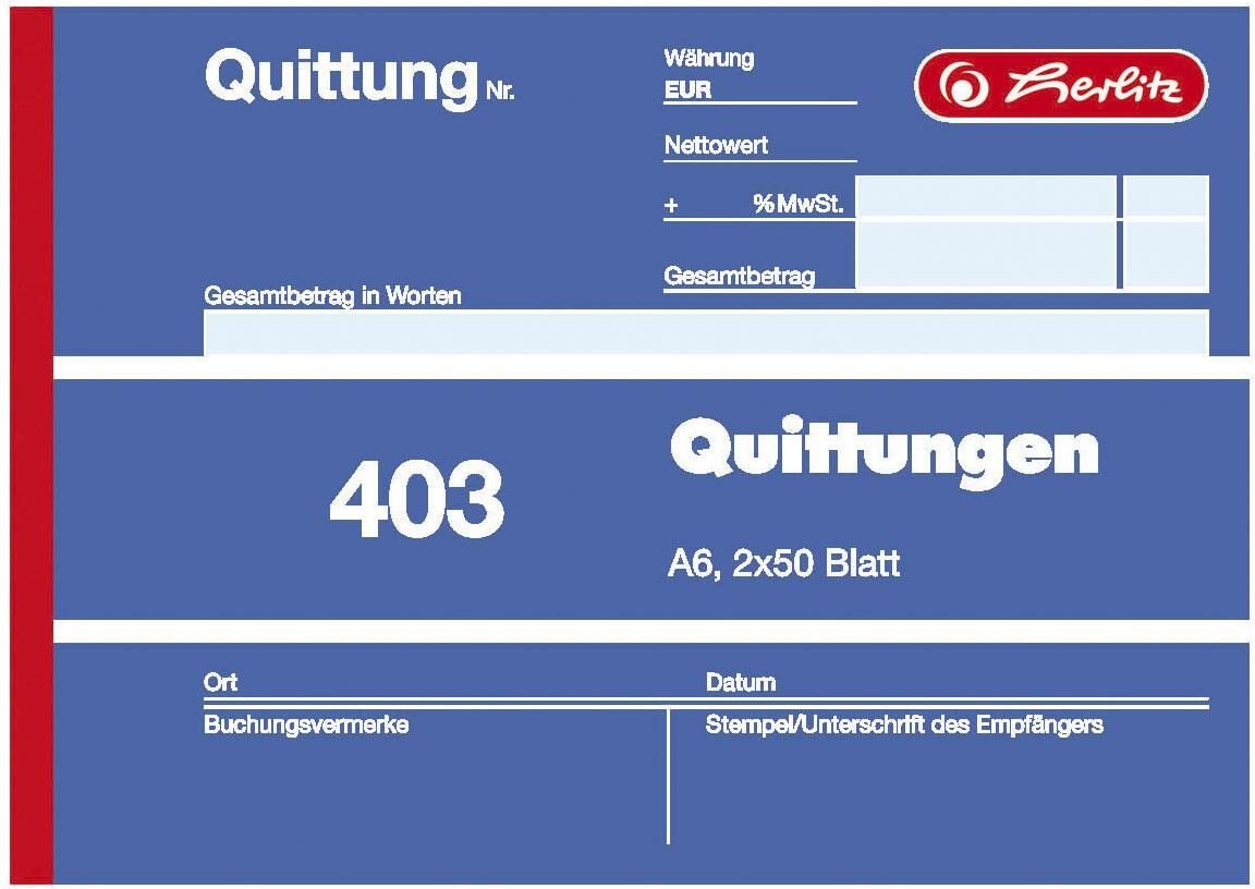 herlitz Formularbuch Quittung mit MwSt. separat ausgewiesen DIN A6 quer 2x 50 Seiten