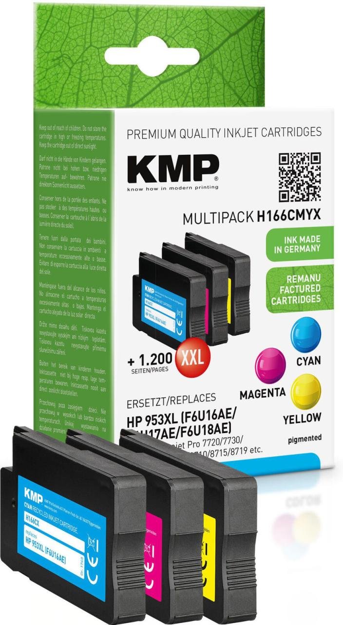 Thumbnail - KMP Druckerpatronen H166CMYX cyan, magenta, gelb kompatibel zu HP 953XL (F6U16AE/F6U17AE/F6U18AE), 3er-Set