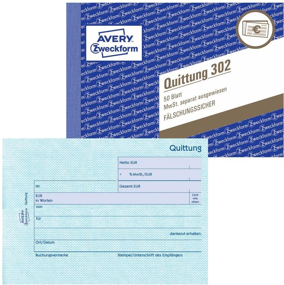 Thumbnail - AVERY Zweckform Quittung, MwSt. separat ausgewiesen Formularbuch 302 - 1x 50 Blatt