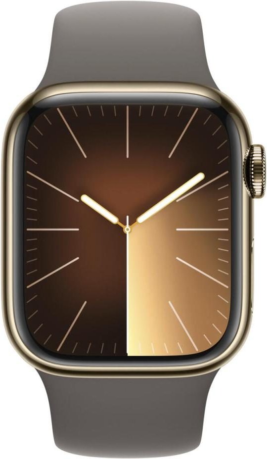 0 Apple Watch Series 9 (GPS + Cellular) 45mm Edelstahlgehäuse gold, Sportband grau M/L