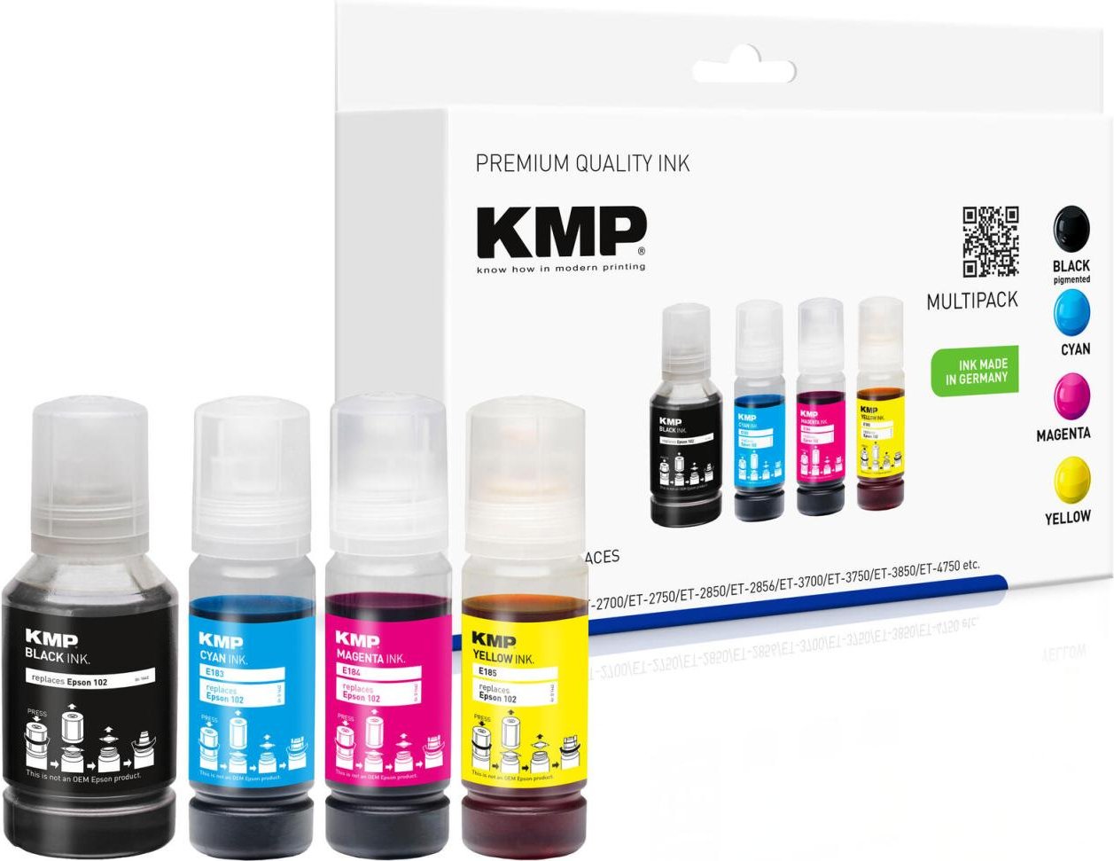 KMP Tintenflaschen schwarz, cyan, magenta, gelb kompatibel zu EPSON 102 (T03R640), 4er-Set