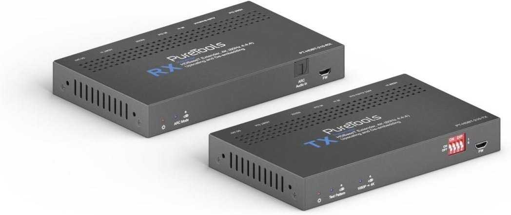 PureTools - HDBaseT Extender Set, 18G HDR. 40m@4K, 70m@1080p. 1080p bis 4K Upscaling. Unterstützt ARC und externe Audioü