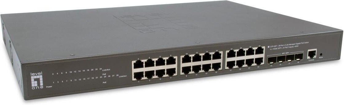 LevelOne Switch Kilby 28 Gigabit Ethernet-Ports mit 24 PoE-Ports 400W, 4 10Gbe SFP+ (GTP-2871)