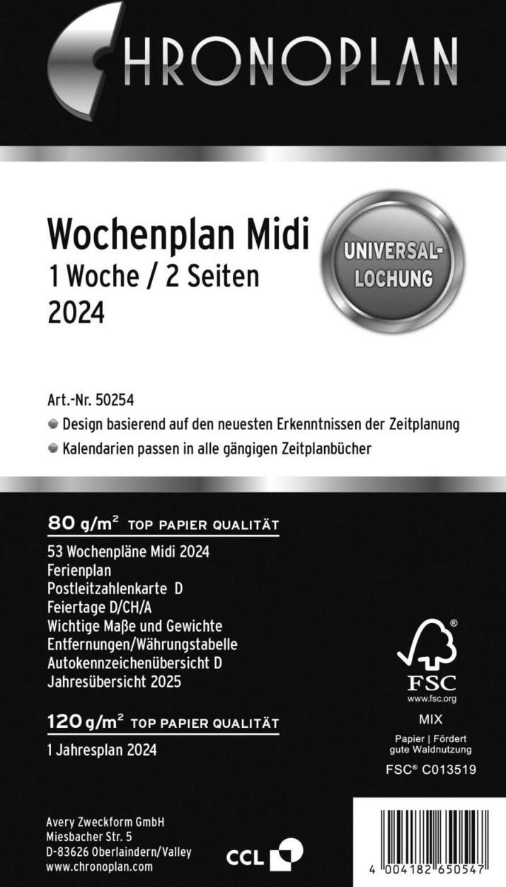 CHRONOPLAN Kalendereinlage 2024 Midi 1 Woche/2 Seiten