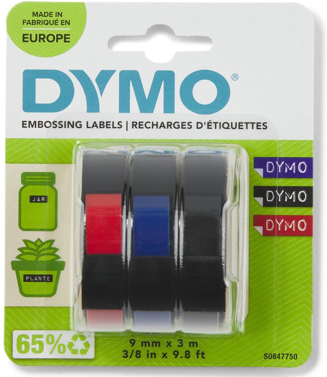 DYMO® Original Prägeband-StarterSet für OMEGA und JUNIOR, Plastik - je 1 x glänzend schwarz, rot, blau