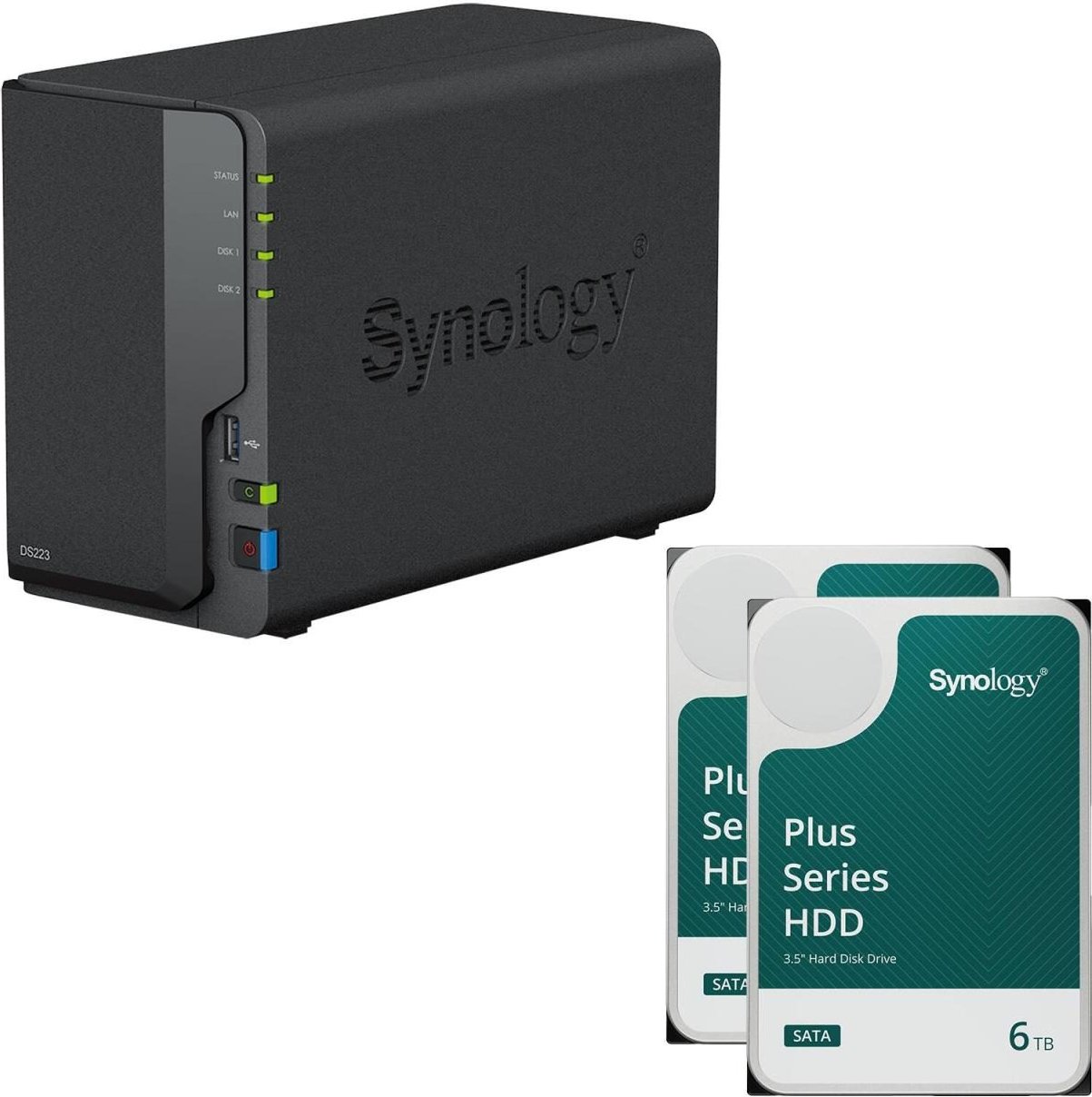 Synology DiskStation DS223 2 Einschübe NAS-Server Leergehäuse + 2x Synology Plus 3.5" SATA HDD Festplatte 6 TB (12TB)