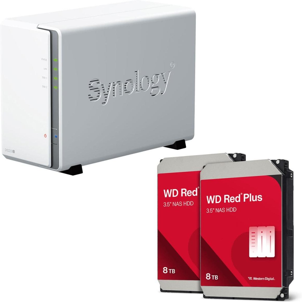 Thumbnail - Synology DiskStation DS223J 2 Einschübe NAS-Server Leergehäuse + 16TB WD Red Plus SATA 3.5" Festplatten (2x 8TB)