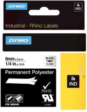 DYMO® Original IND-Schriftband für Rhino™ Permanent Polyester 6mm x 5,5m - schwarz auf transparent