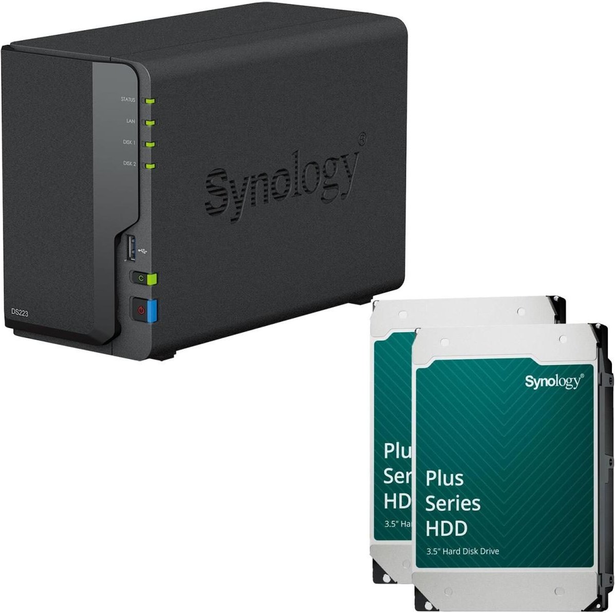Synology DiskStation DS223 2 Einschübe NAS-Server Leergehäuse + 2x Synology Plus 3.5" SATA 6Gb/s Festplatte 12 TB (24TB)