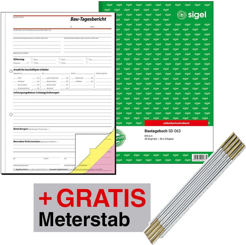SIGEL Formularbücher Bautagebuch SD063 DIN A4 + GRATIS 1 Meterstab