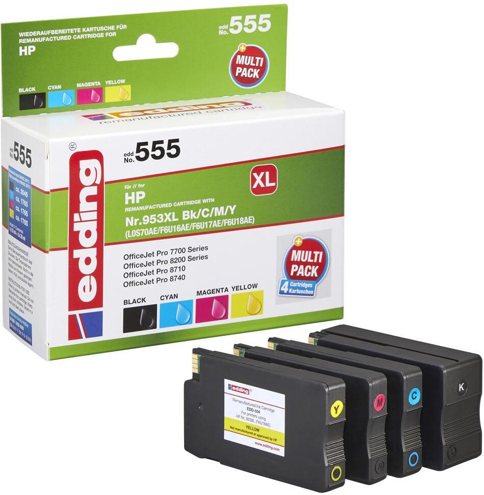 Thumbnail - edding Druckerpatronen EDD-555 schwarz, cyan, magenta, gelb kompatibel zu HP 953XL (3HZ52AE), 4er-Set