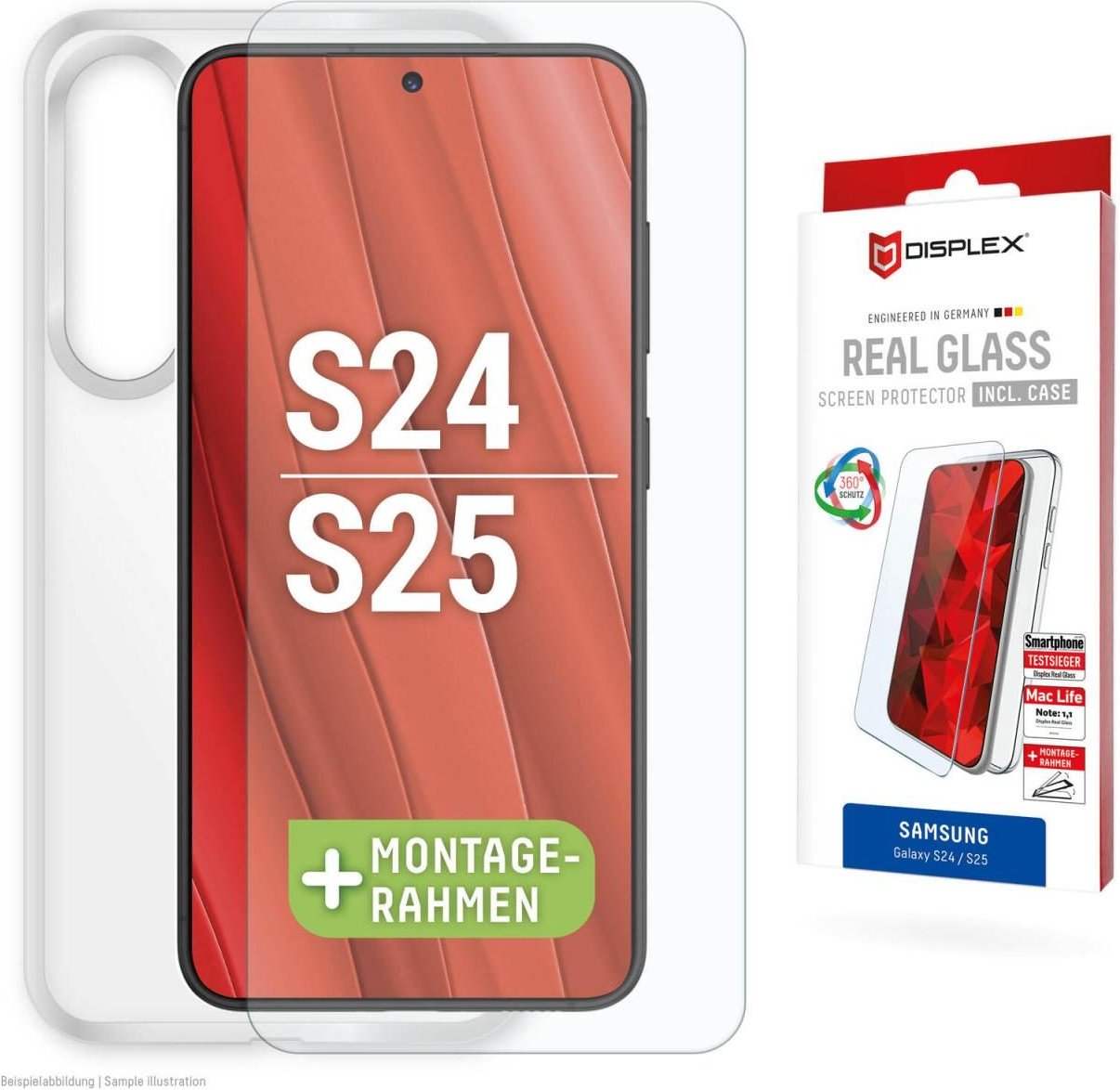 DISPLEX Real Glass + Schutzhülle für Samsung Galaxy S24/S25