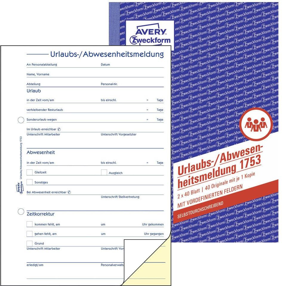 AVERY Zweckform Formularbuch Urlaubsabwesenheitsmeldung DIN A5 2x 40 Seiten