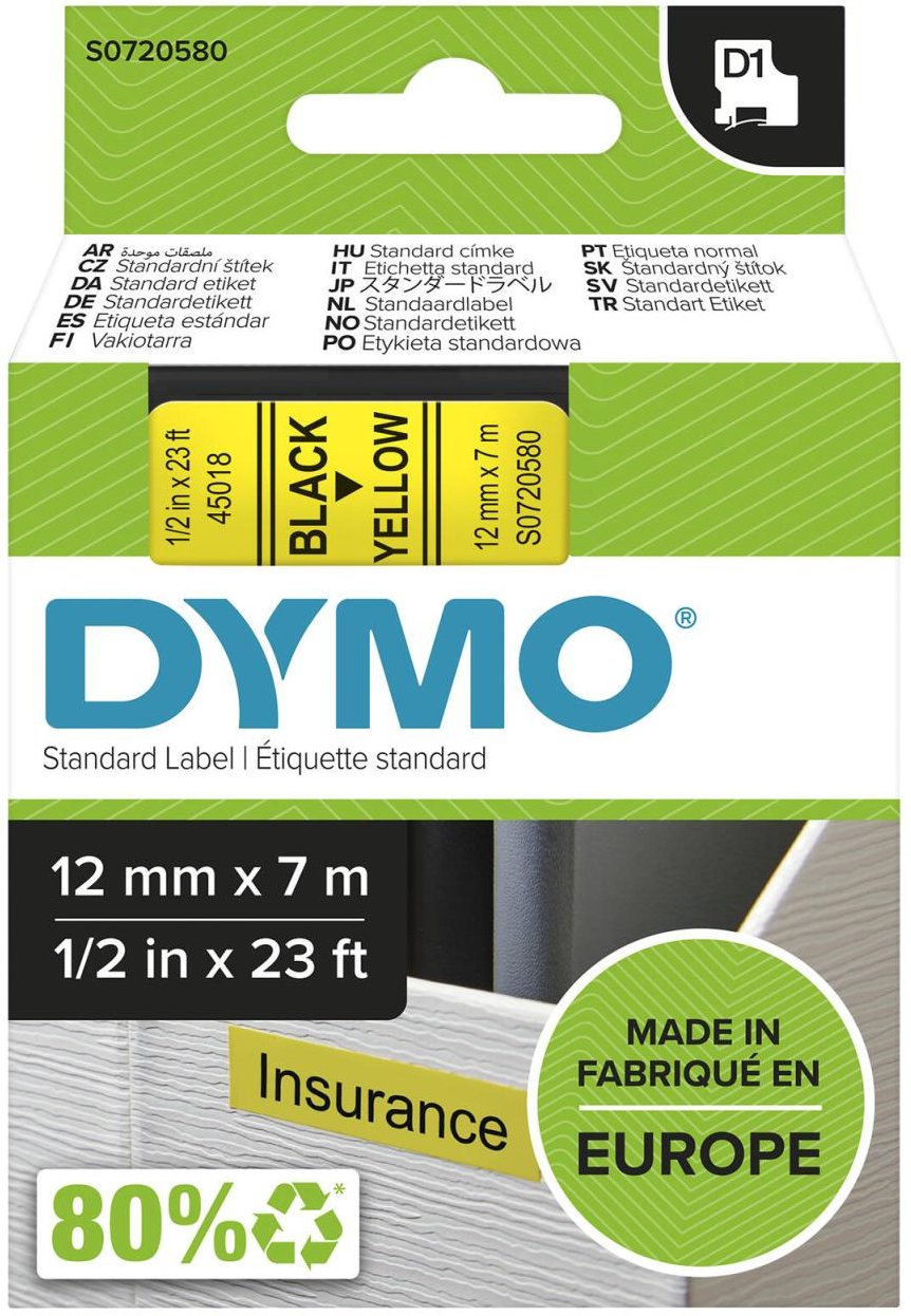 DYMO® Original D1-Schriftband für LabelManager™ 12mm x 7m - Polyester, wieder ablösbar - schwarz auf gelb