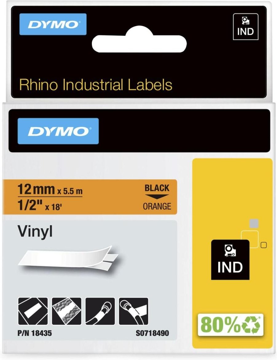 DYMO® Original IND-Schriftband für Rhino, farbiges Vinyl - schwarz auf orange