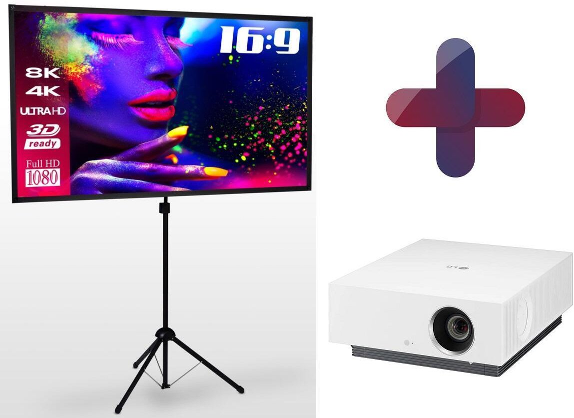 LG HU810PW Forte CineBeam Laser Heimkino Beamer 2700 ANSI Lumen + eSmart Expert X-Type Ultralightweight Stativ Leinwand
