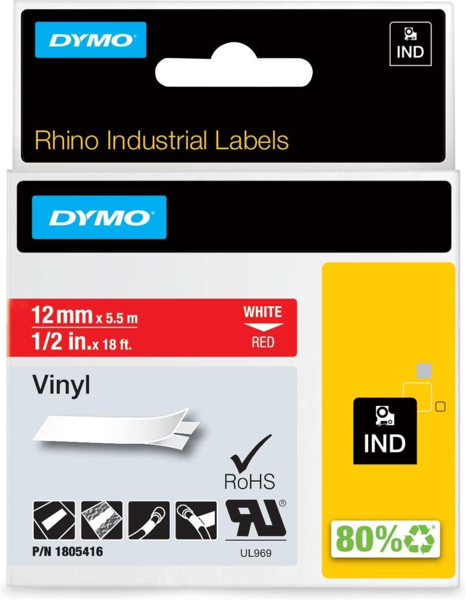 DYMO® Original IND-Schriftband für Rhino, farbiges Vinyl +N112:N119 - weiss auf rot