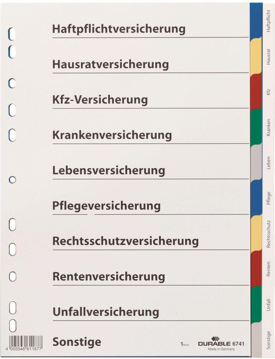 DURABLE Ordnerregister Vollformat blanko mit Deckblatt Versicherungen DIN A4