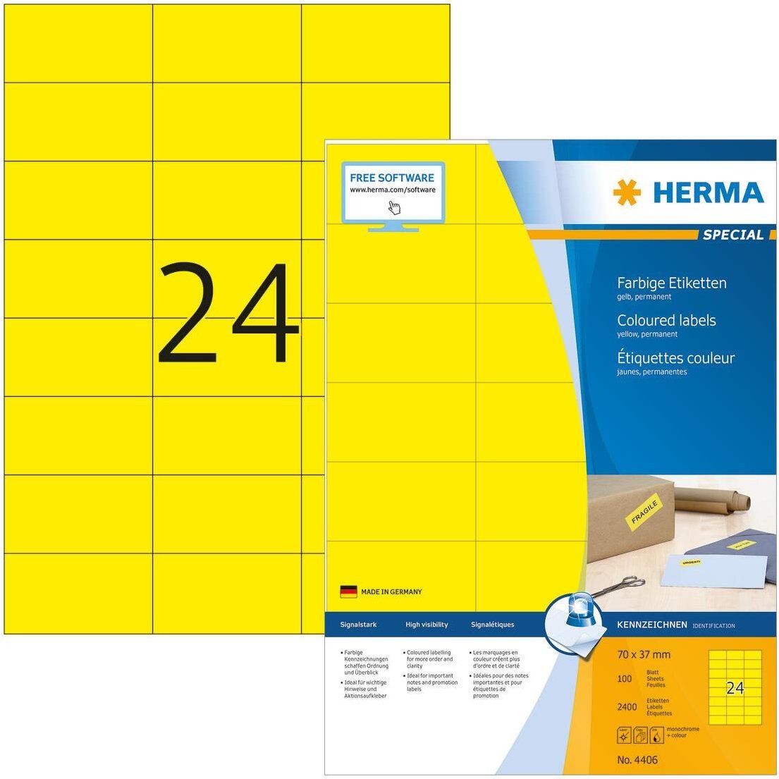 HERMA Etiketten 4406 gelb 70,0 x 37,0 mm
