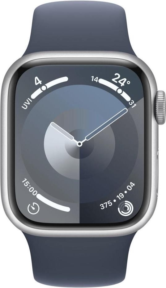 0 Apple Watch Series 9 (GPS) 41mm Aluminiumgehäuse silber, Sportband sturmblau, S/M