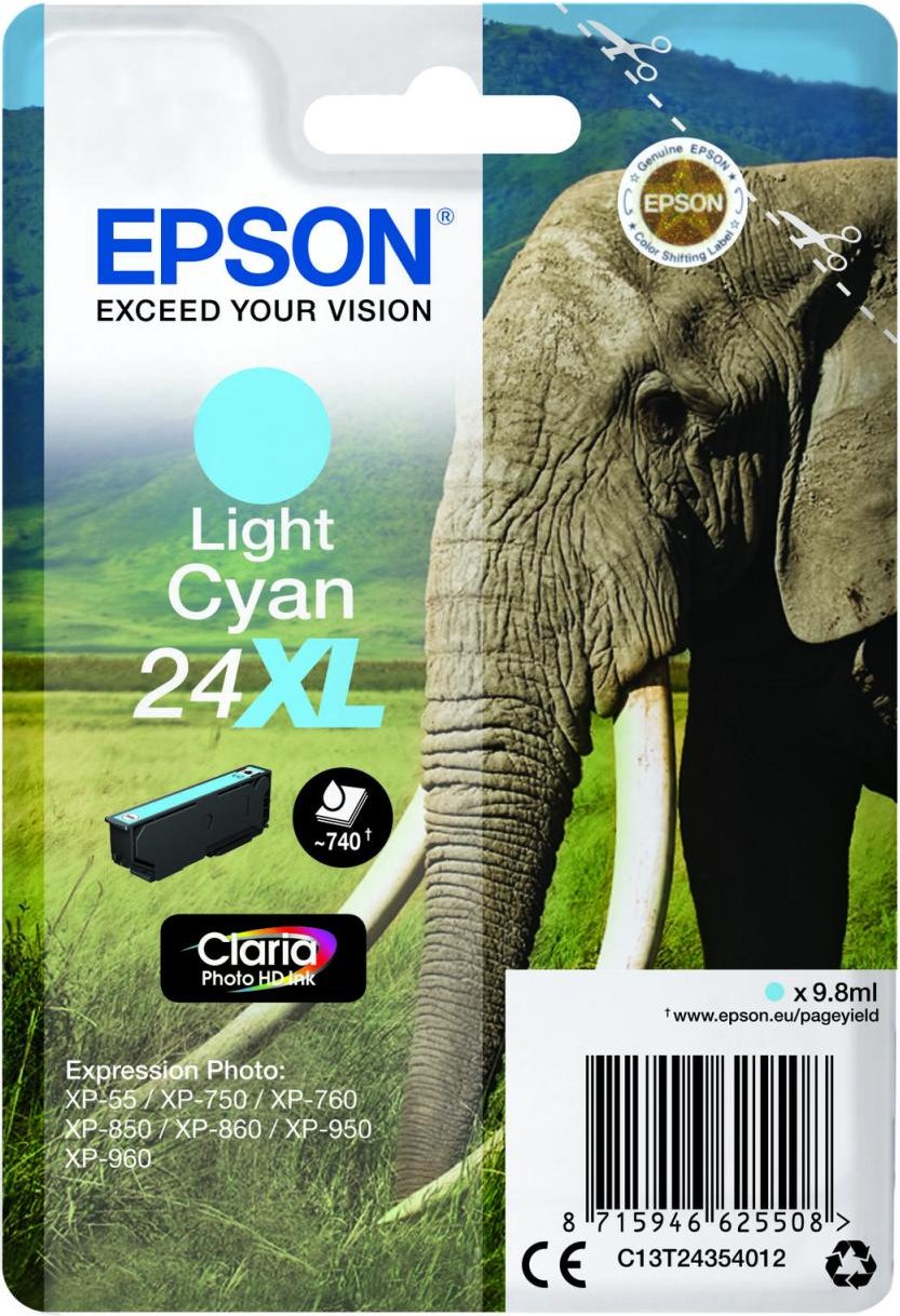 Epson Original 24XL Elefant Druckerpatrone cyan hell 740 Seiten 9,8ml (C13T24354012)