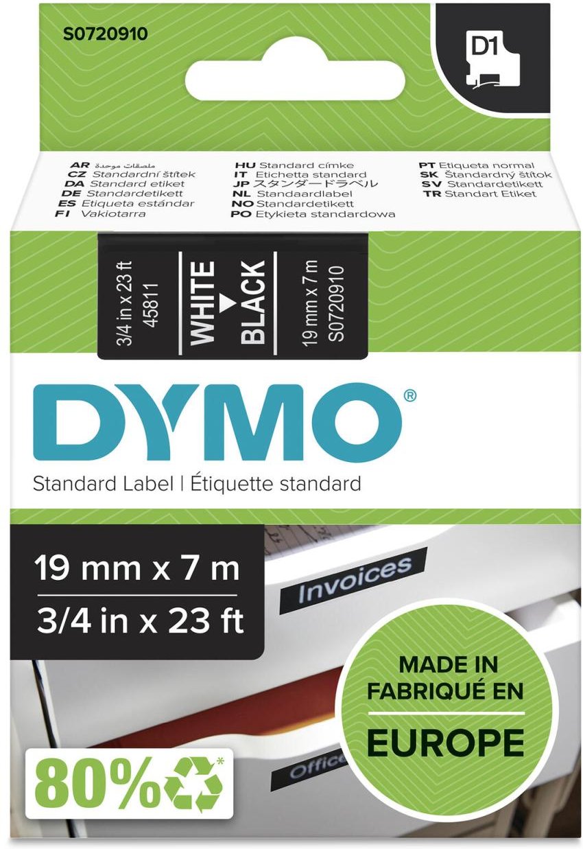 DYMO® Original D1-Schriftband für LabelManager™ 19mm x 7m - Polyester, wieder ablösbar - weiss auf schwarz