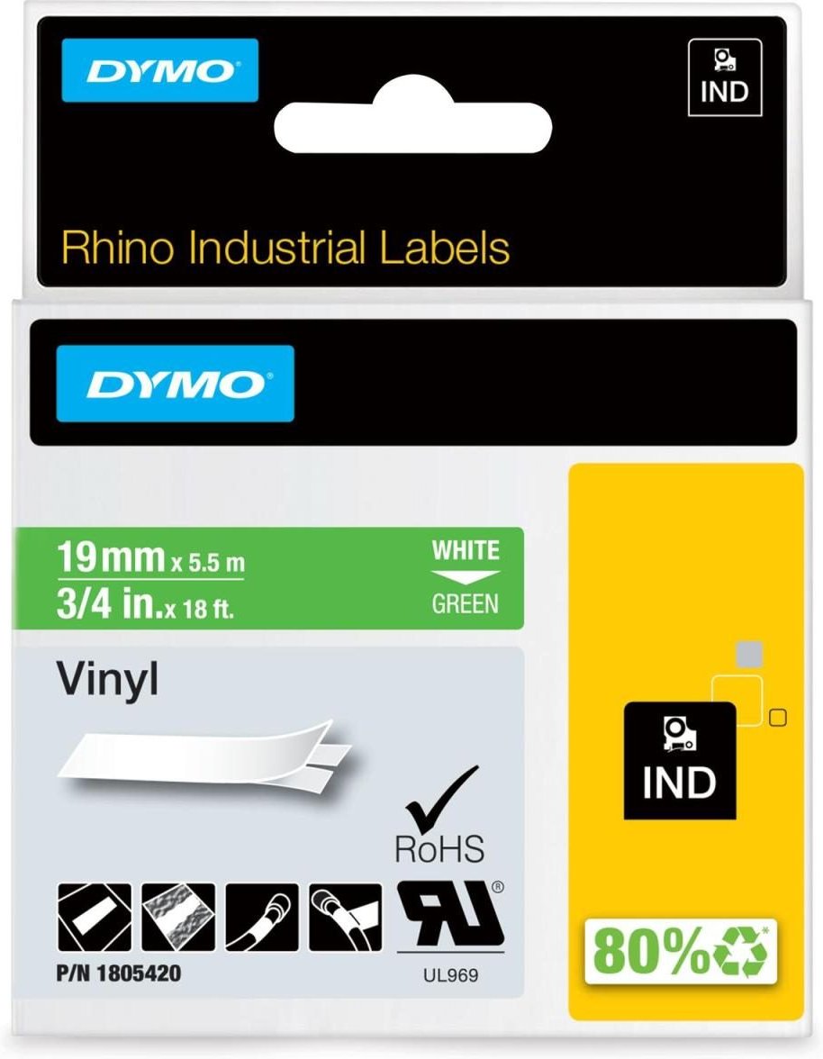 DYMO® Original IND-Schriftband für Rhino, farbiges Vinyl - weiss auf grün