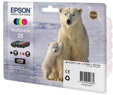Epson Original 26 Eisbär Druckerpatronen 4er Multipack BK/C/M/Y (C13T26164010)