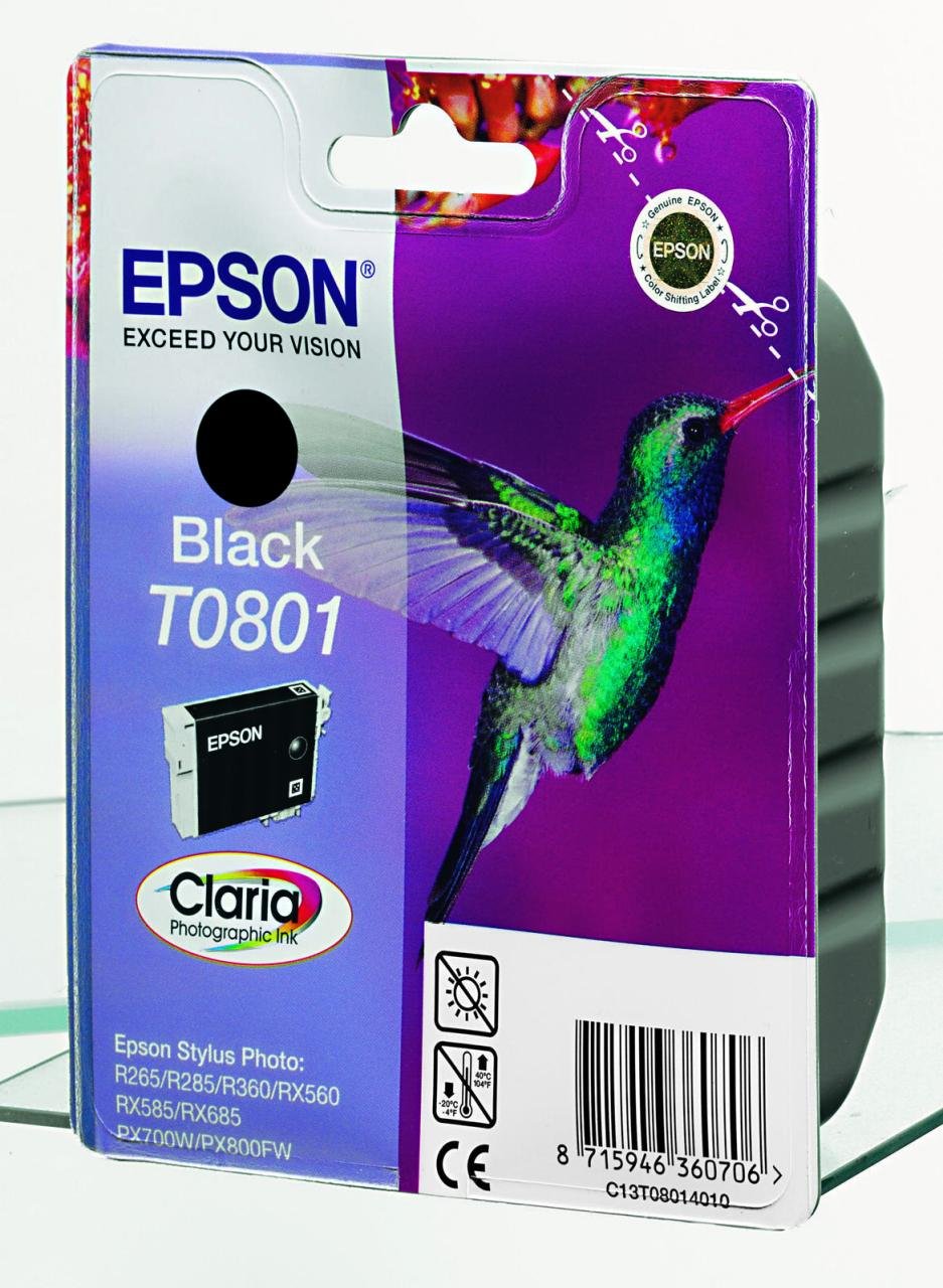 Thumbnail - Epson Original T0801 Kolibri Druckerpatrone schwarz Blister 330 Seiten 7ml (C13T08014011)