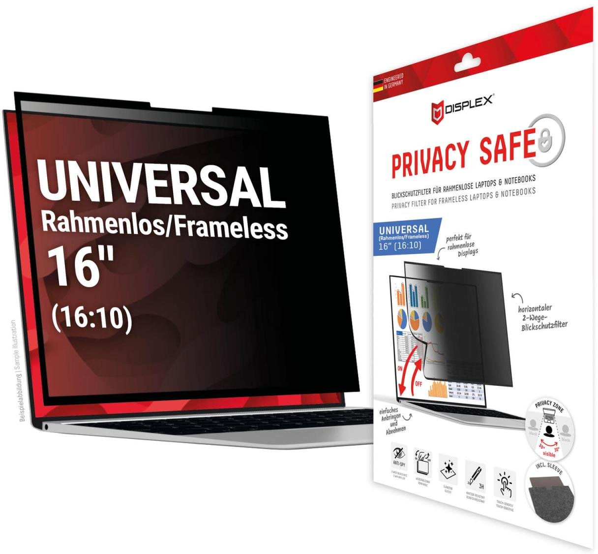 DISPLEX PRIVACY SAFE Wiederablösbarer 2-Wege Blickschutzfilter für Laptop/ Notebook (randlos/frameless) 16'' (16:10)