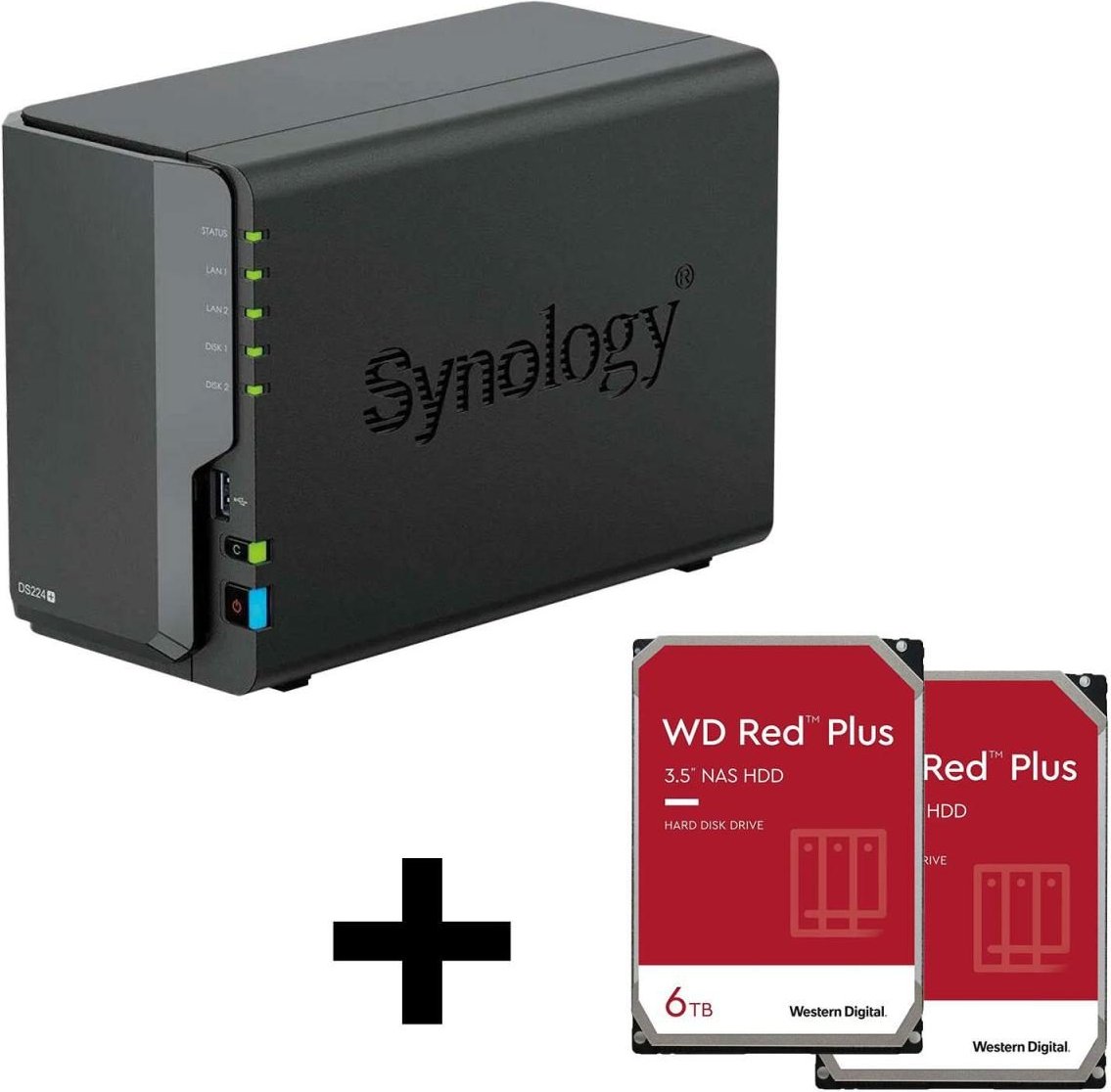Synology DiskStation DS224+ 2 Einschübe NAS-Server Leergehäuse + 2x WD Red NAS 3.5" HDD 6TB Festplatte
