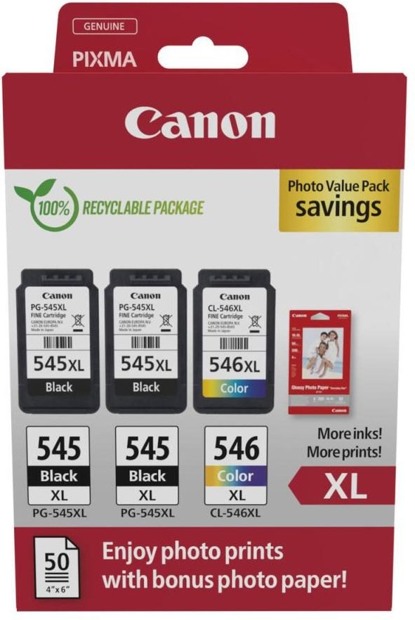 Canon Original PG-545XL + CL-546XL Druckerpatronen Valuepack - 2 x schwarz / 1 x farbig + 50 Blatt Fotopapier (8286B015)