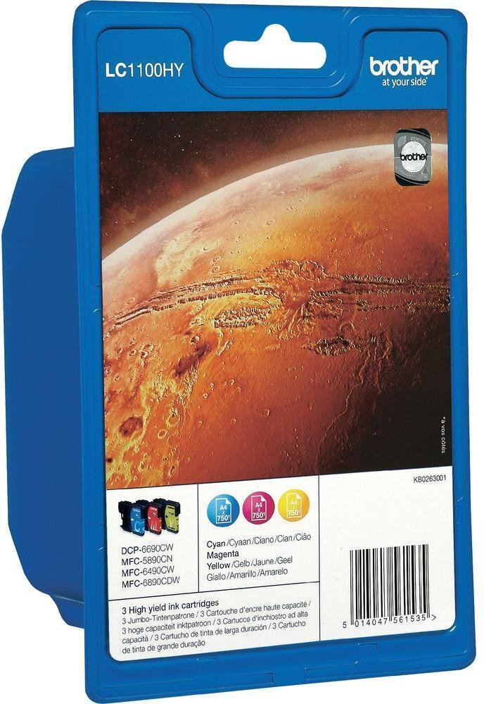 Brother Original LC-1100 Druckerpatronen 3er Multipack C/M/Y 750 Seiten (LC1100HYRBWBPDR)
